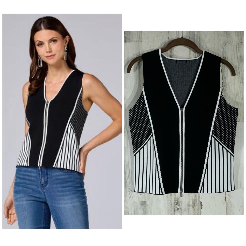 Versona Sleeveless Top Vest‎ Approx Size XS Zipper Black White Thick Fabric